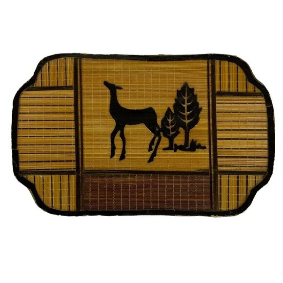 Bamboo Wooden Trinket Stash Box Deer Trees Silhouette Natural Boho Wood Vtg 70s - Picture 2 of 10